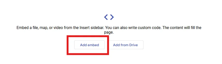 Google Sites editor showing add an embed