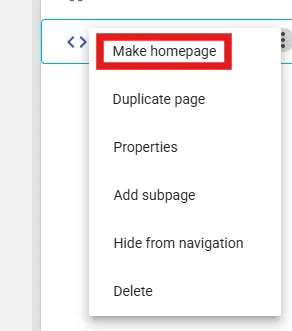 Google Sites editor showing make your app the homepage
