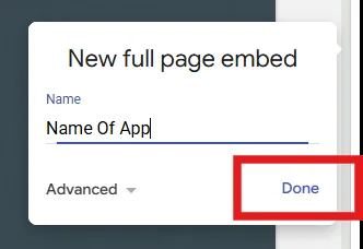 Google Sites editor showing name your app page