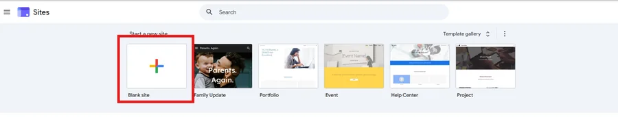 Google Sites editor showing start a blank google site