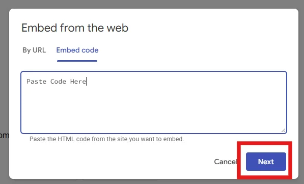 Google Sites editor showing paste your app’s code