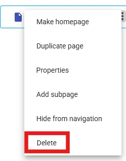Google Sites editor showing delete the original home page (optional)