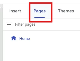 Google Sites editor showing open pages and add a page