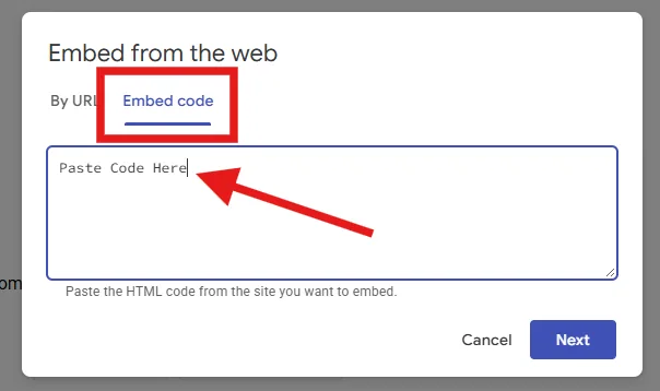 Google Sites editor showing paste your app’s code
