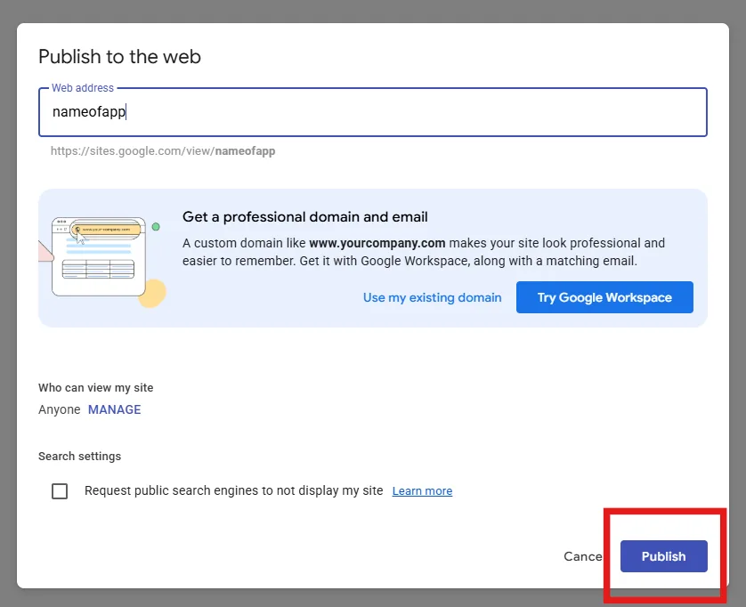 Google Sites editor showing publish your website